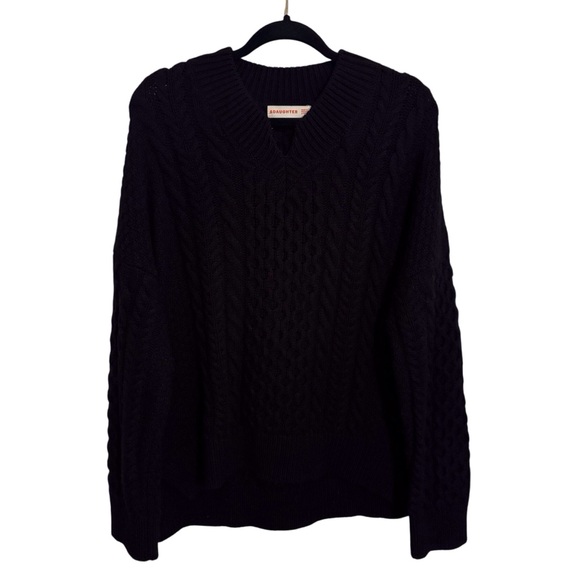 &Daughter Size Large Black Wool Cable Knit Pullover Sweater V-Neck Cozy - Picture 1 of 9